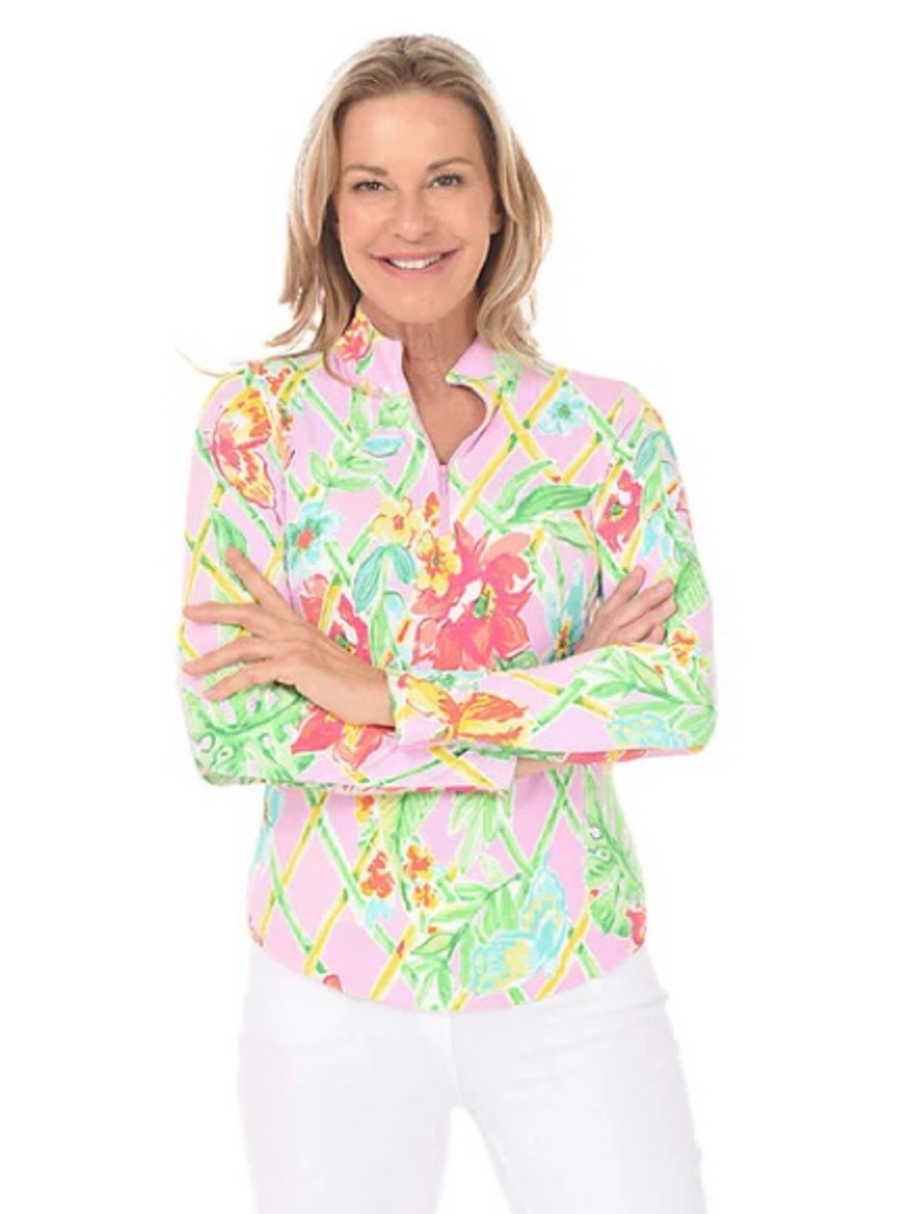 Gottex Pink Tropical-Print Quarter-Zip Pullover
